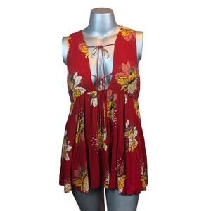 Free People Tunic Blouse, Empire Waist, Red Floral Flare, sz M/L